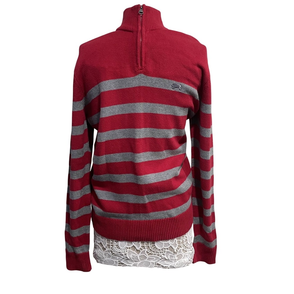 American Rag Mens Red Grey Striped Quarter Zip Cotton Knit Sweater Large Buffalo
